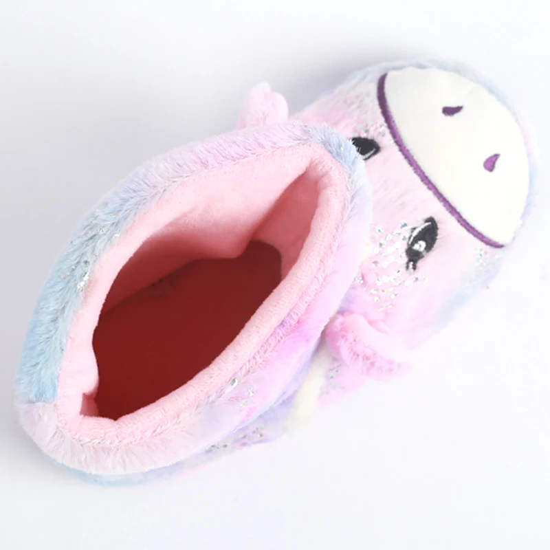 Foil printed beautiful plush fur novelty animal unicorn boot house slippers for kids girls