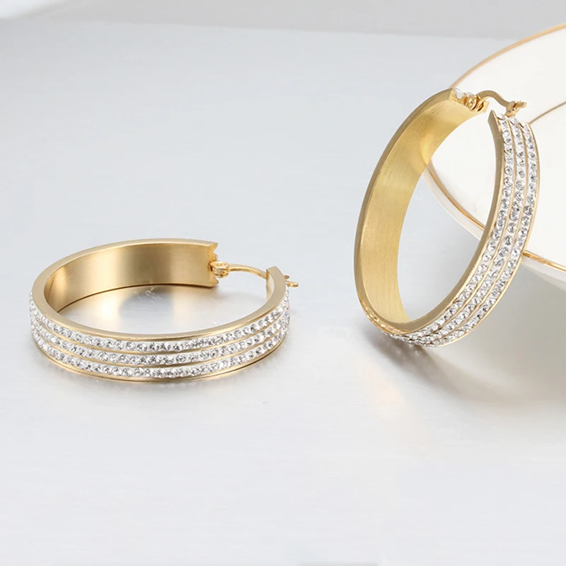 New Design High Quality Anti Allergy 3 Layers Full Crystal Micro Pave Gold Stainless Steel Big Circle Hoop Earrings For Women