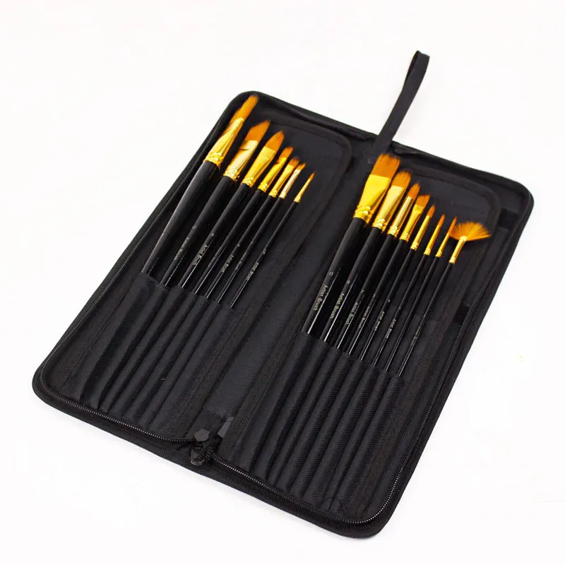
Factory Supply 15pcs Nylon Hair Artist Paint Brush Good Quality Painting Art Brush with Canvas Bag 