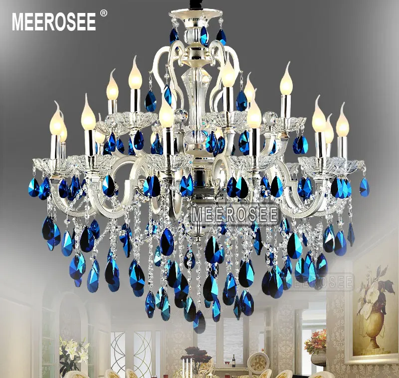MEEROSEE Large Blue Crystal Chandelier Luster Light Silver Chandelier, Blue Crystal Chandelier Light Fixture MD8453
