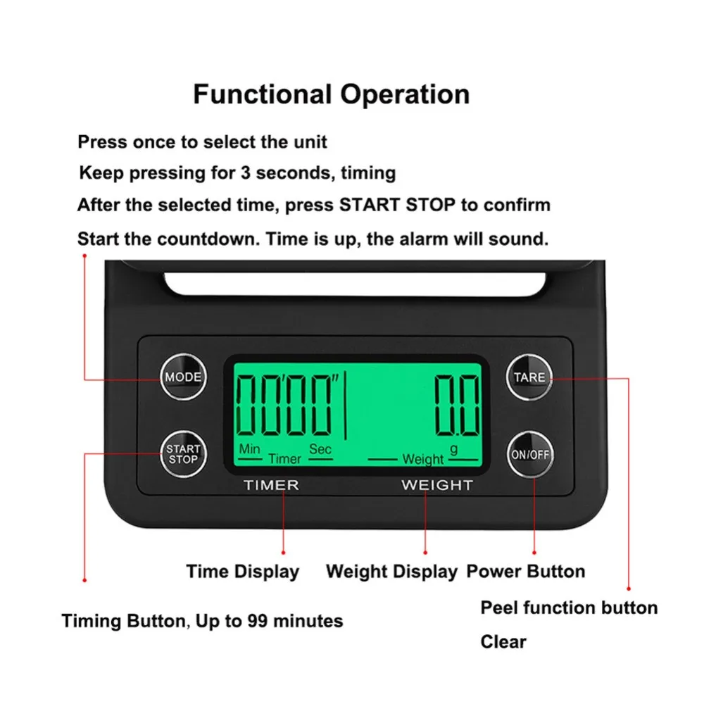 Green backlight LCD Digital Timer Coffee Scale 3kg 0.1g Kitchen Scale