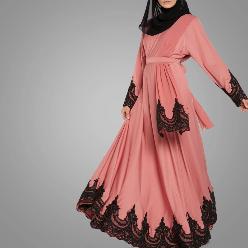 Wholesale Islamic Apparel Abaya Elegant Lace Sash Jersey Muslim Maxi Dress Islamic Clothing  Long Sleeve Moroccan Kaftan Dresses