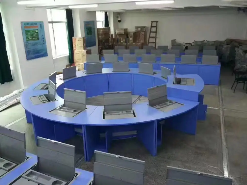 Manual double seat  student computer desk steel hidden monitor table