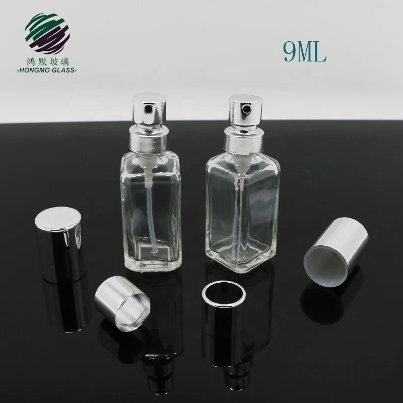 Miniature and portable OEM fine mist sprayer 9ml clear mini square shape crimp neck perfume spray glass perfume bottle