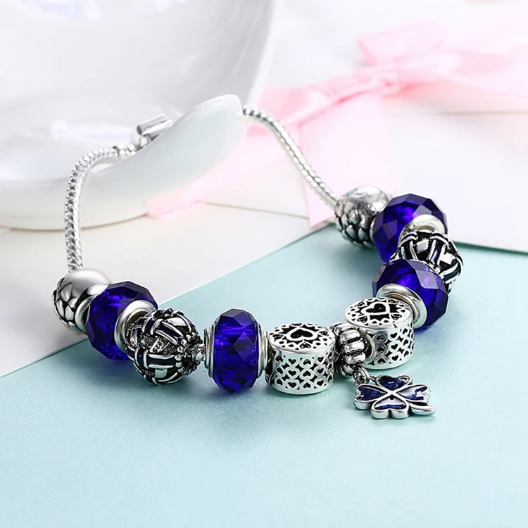 Fashion Silver Color Sapphire Glass Beads Bracelet Four Leaf Clover Enamel Metal Charm Bracelet for Women