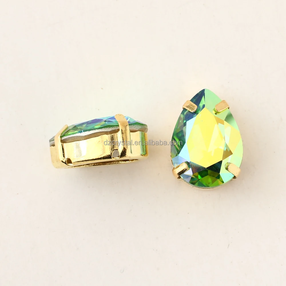 Wholesale Water Drop Point Back Crystal Peridot AB Coating Fancy Stone With Metal Claw For Jewelry Making