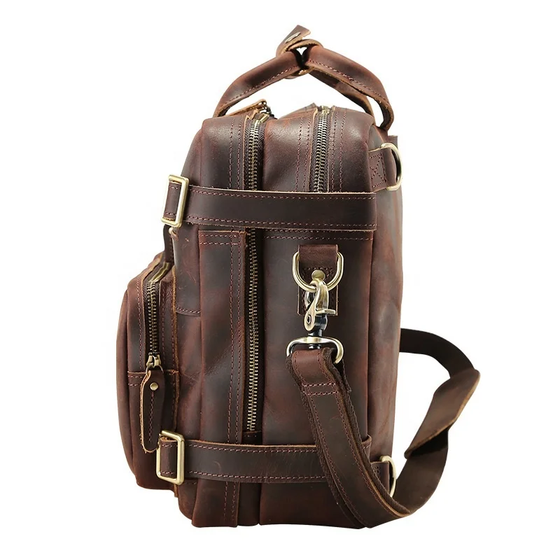 Vintage 15.6 Inch Mens Crazy Horse Genuine Leather Convertible Backpack Laptop Messenger Large Briefcase Daypack Travel Bag