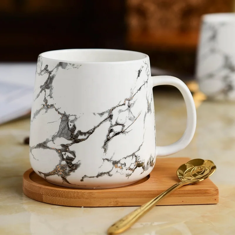 Nordic ceramic marble mugs custom printing porcelain tea mug with wooden lid