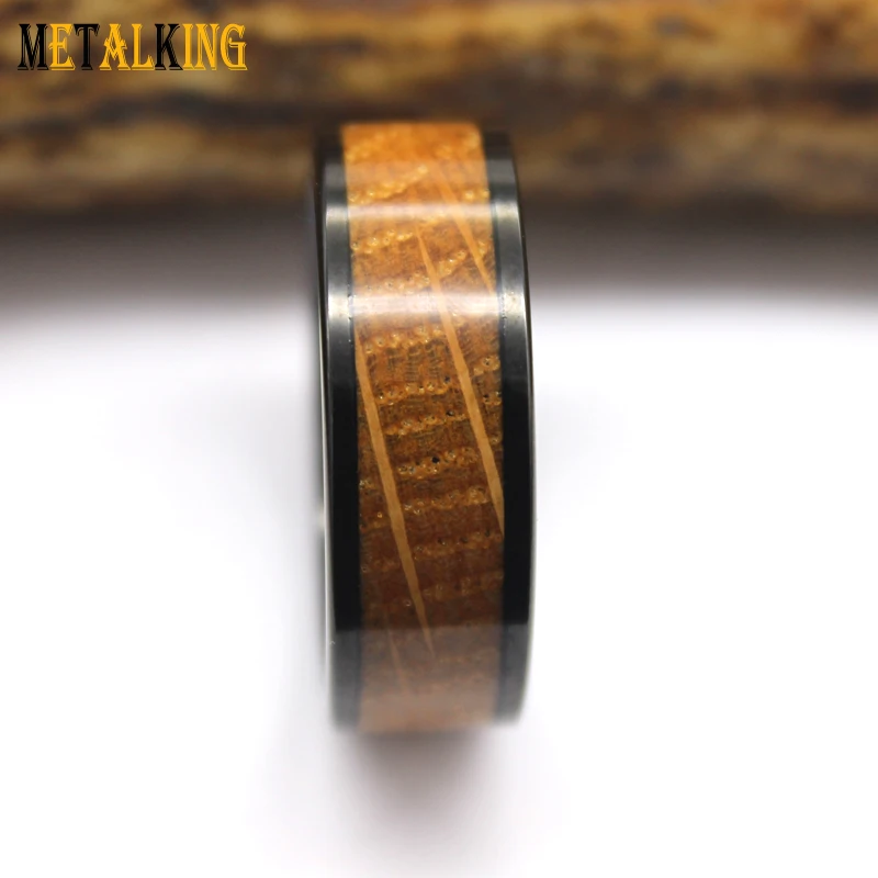 Black Plated Tungsten Carbide Ring with Oak Whisky Barrel Wood Inlay Flat Finished