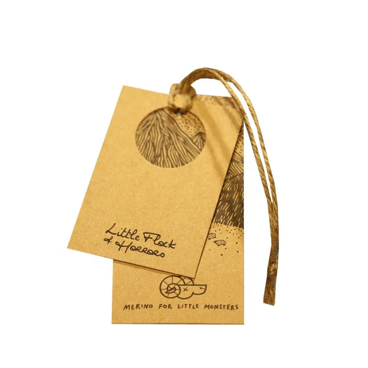 Custom Printing Brand Name Logo Recycled Thickness Kraft Paper Wing Tags Jeans Kraft Paper Hang Tag With Hemp String