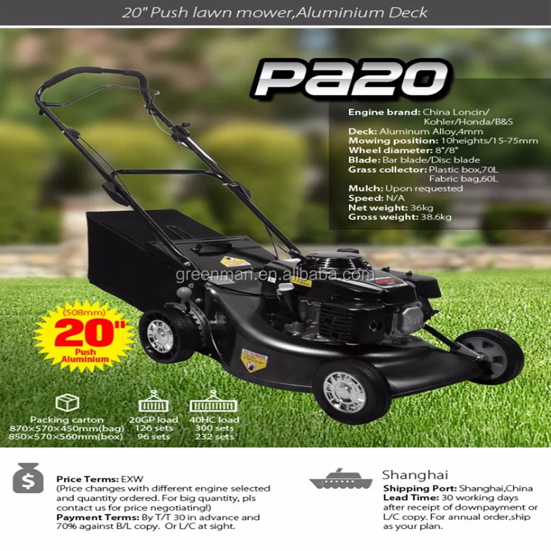 20 inch push Aluminium deck flail lawn mower with petrol engine with 4mm thickness