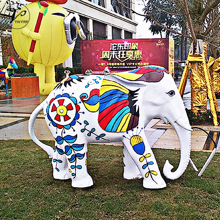 Outdoor large fiberglass colored drawing elephant animal statue resin craft sculpture decorative