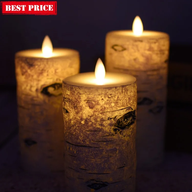 wholesale birch bark design battery operated flameless real wax scented led candle set of 3 with remote