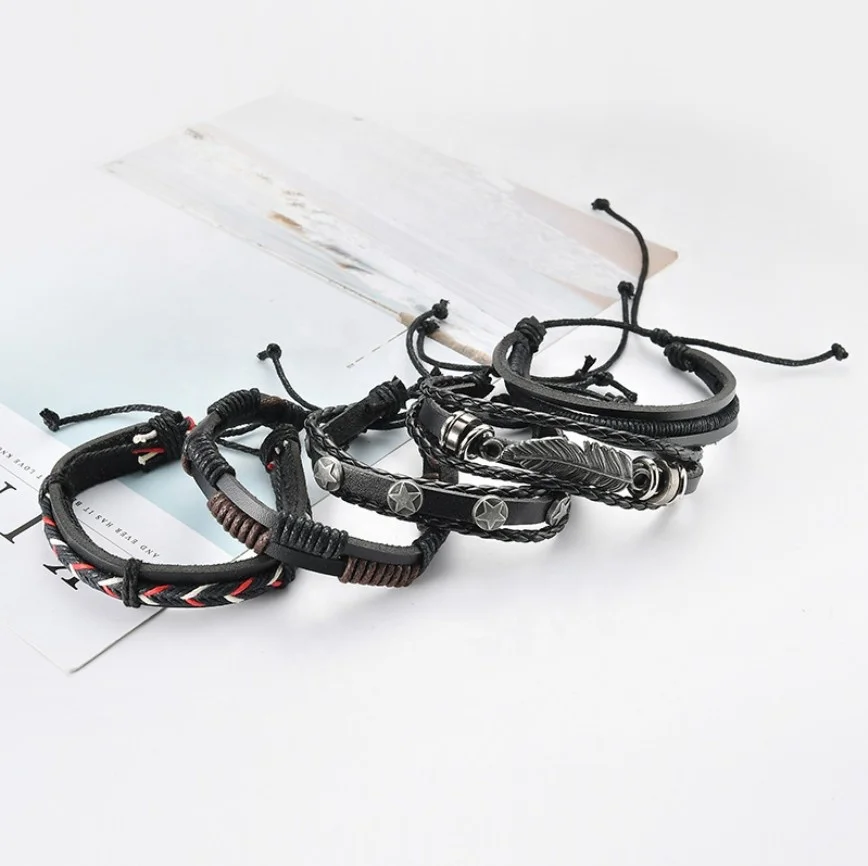 Vintage Metal Feather Star Charm Custom Braided Unisex Leather Bracelets
