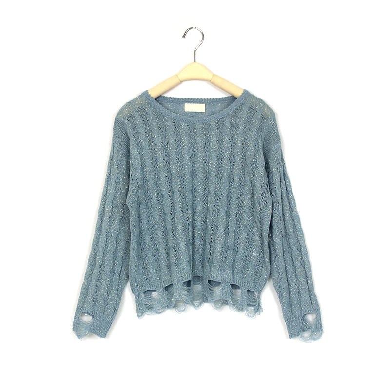 
New arrivals spring round neck hollow out loose crochet long sleeve jumper knit ladies pullover sweater 