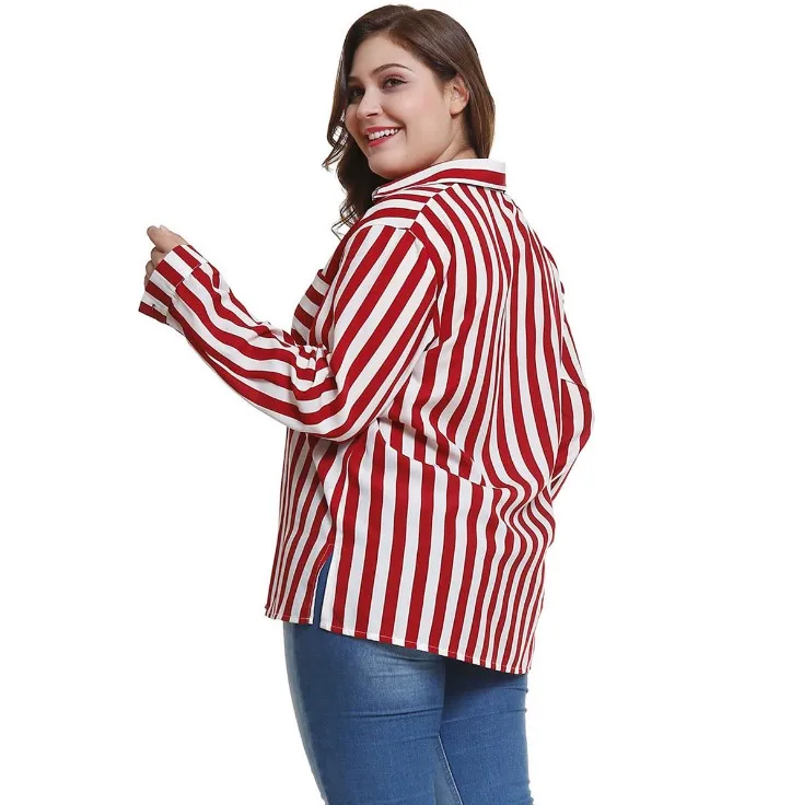 2019 Factory Price latest design Striped Button Design Plus Size Shirt for women blouse with pocket