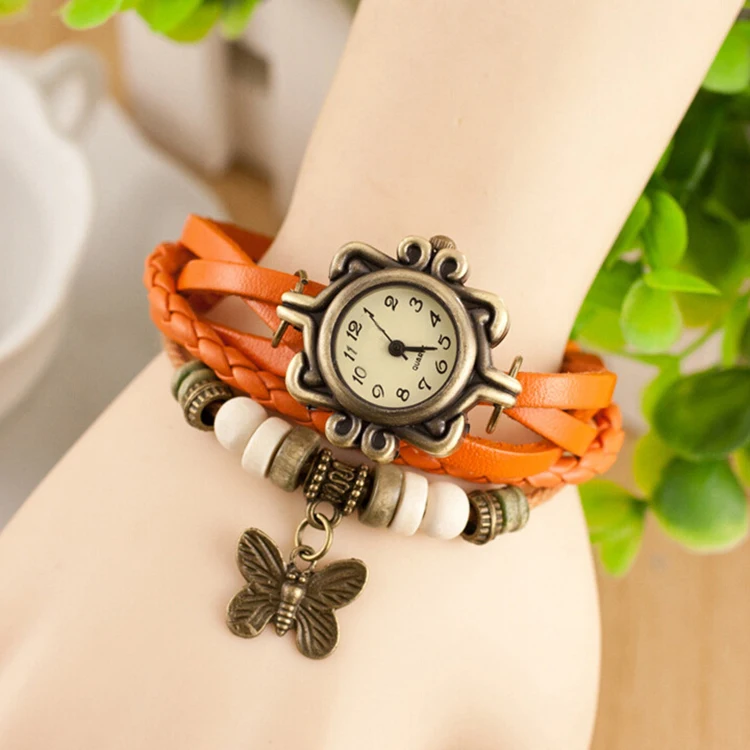 
Western style hand woven butterfly leather cord fancy woman watch bracelet 