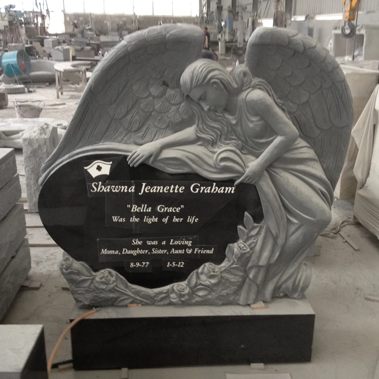 Black Granite Engraving Upright White Angel Wings Headstones Cemetery with Heart