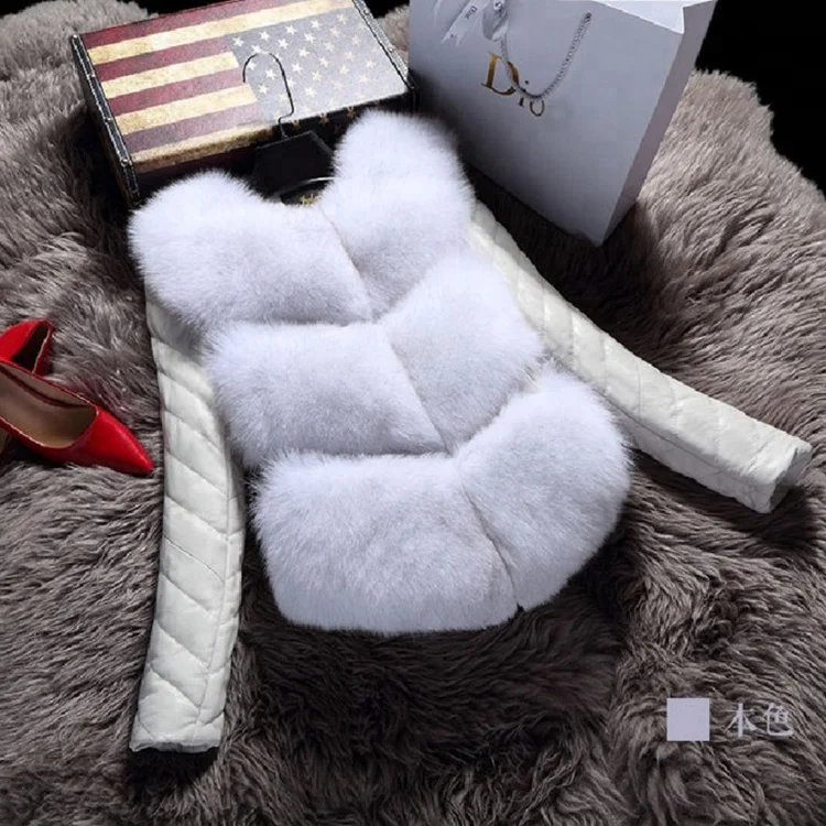 
Sexy girl short warm rabbit fur coat with PU sleeves 