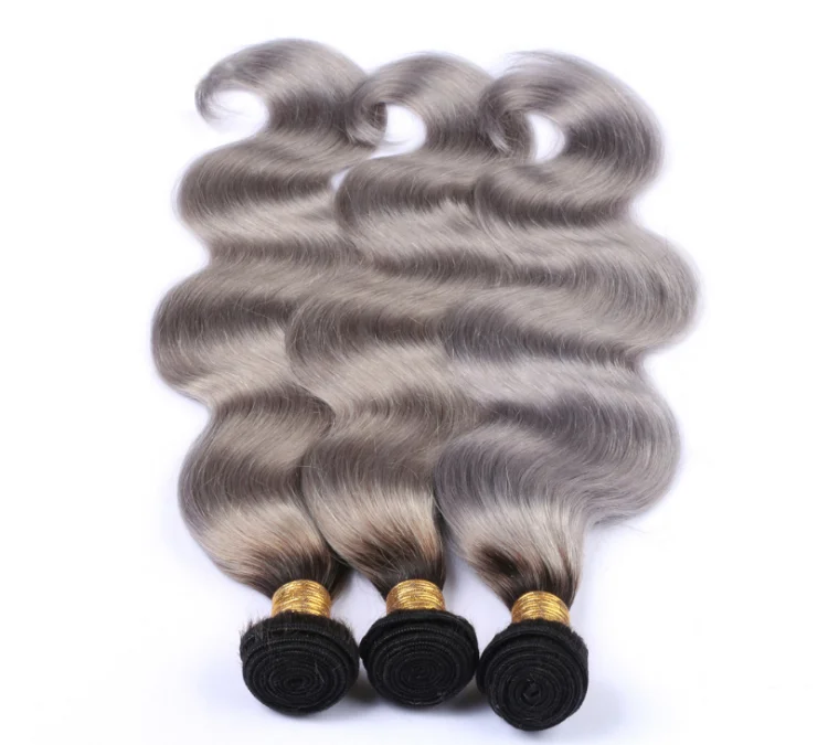 Wholesale Grey Brazilian Human Hair Weaving 1b Grey Ombre Remy Two Tone Hair Extension Grey Hair Top Closure