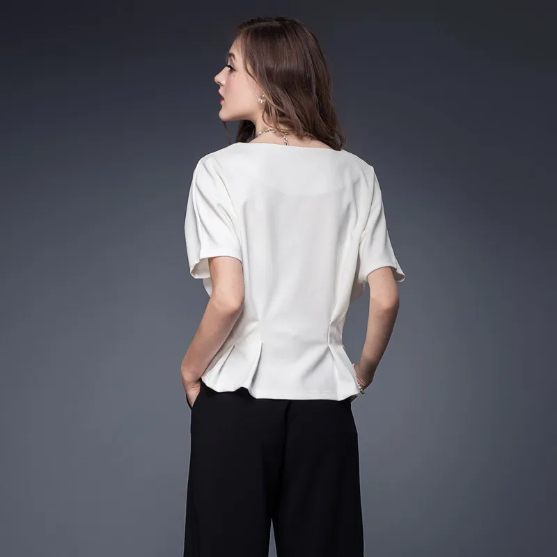 Новый стиль женщина шифоновая блуза рубашки OL леди круглым воротом с коротким рукавом оборками топы мода шифон блузка G0535