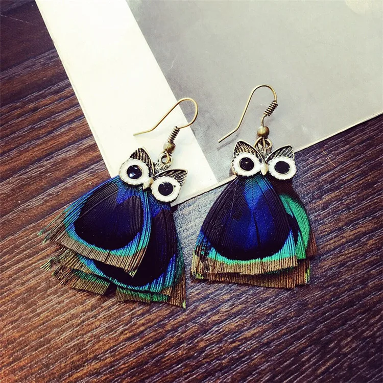 Real peacock feather earrings owl earring