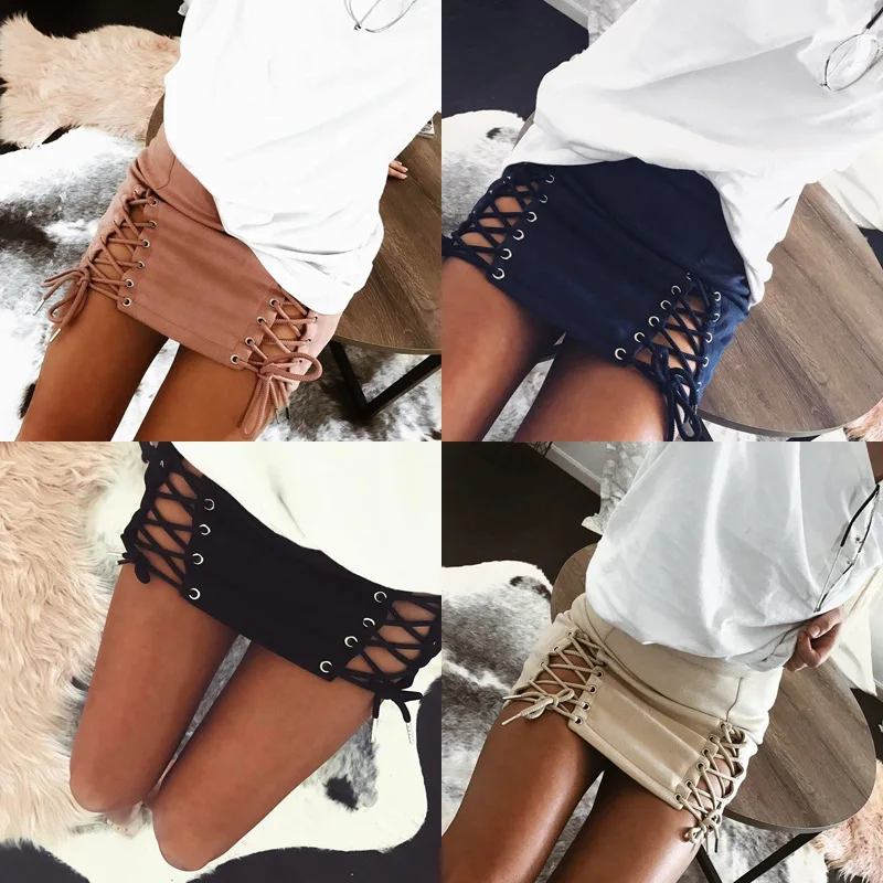 
Women New high waisted suede lace-up sexy bag hip Mini half skirt 