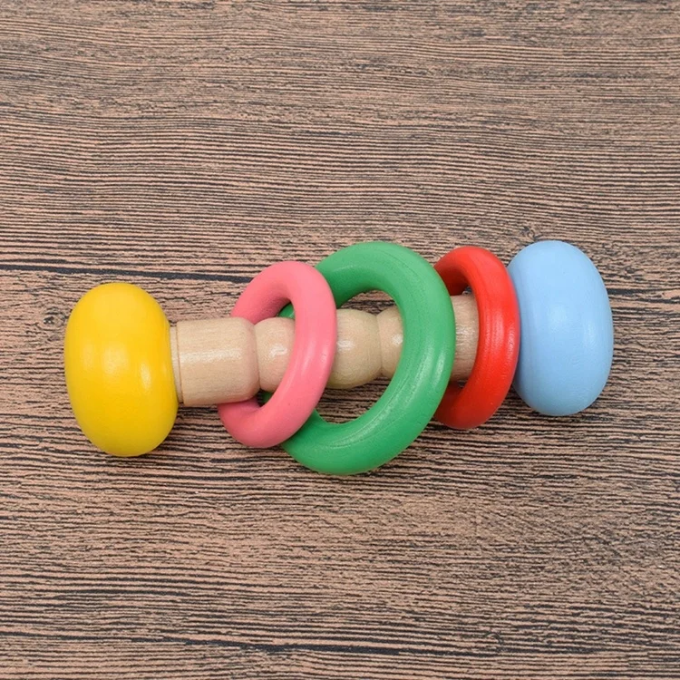 Toddlers Rattles Handle Safety Intelligent Educational Musical Baby Wooden Hand Bell Toy