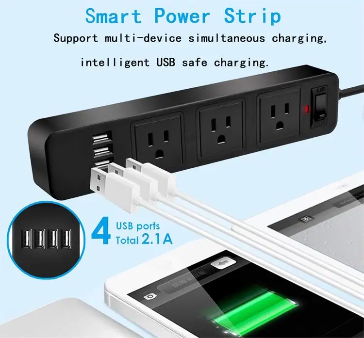 3 Ways US OUTLETS 4USB Ports US Plug Extension Socket Electric Power Strip