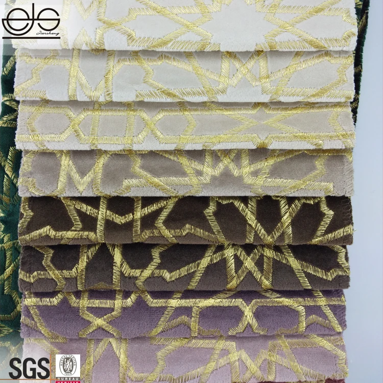 JES Fashion New Desgin Golden Embroidered Heavy Velvet Sofa Fabric
