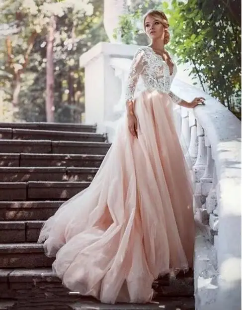 Lovely Transparent Lace Manufacturers China 3 /4 Sleeve Pink Ladies Wedding Dress