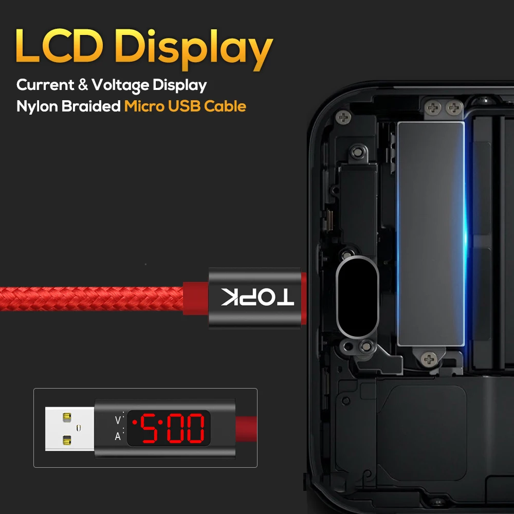 TOPK AN27 Voltage and Current LED Display Durable Nylon Weave USB Charging Cable & Data Sync Micro USB Cable
