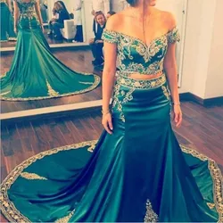 Satin Chapel Train Off The Shoulder 2 Piece Mermaid Evening Dresses Green Prom Dress With Gold Embroidery