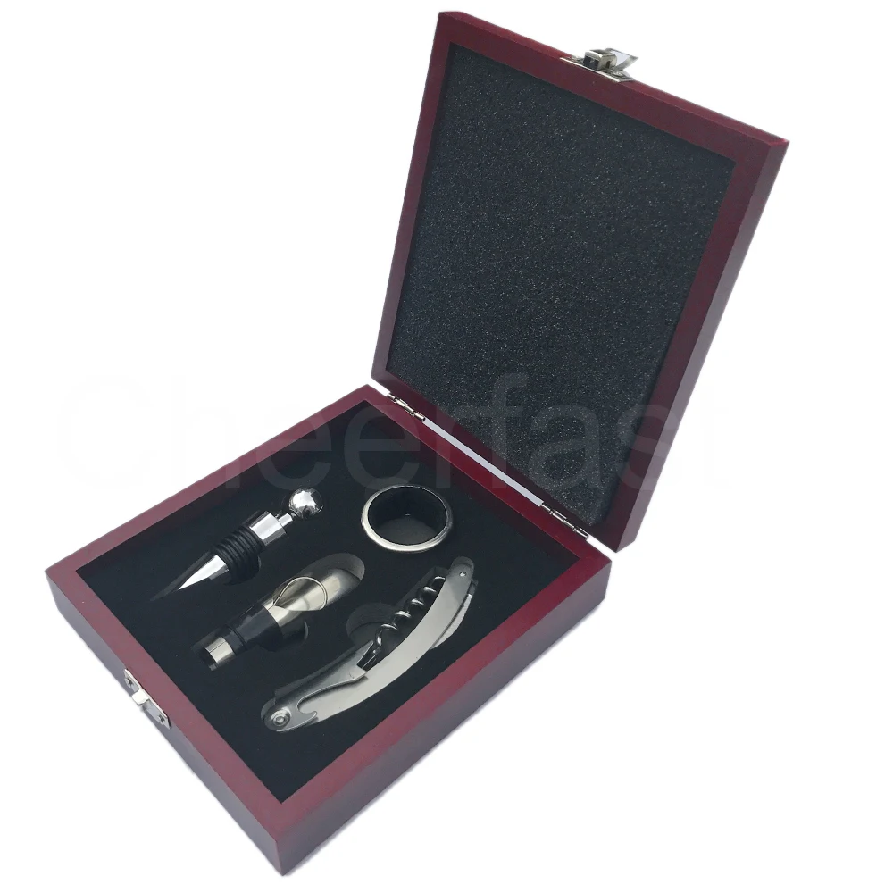 Good Wooden Box 4 Pieces Accessories Wine Set