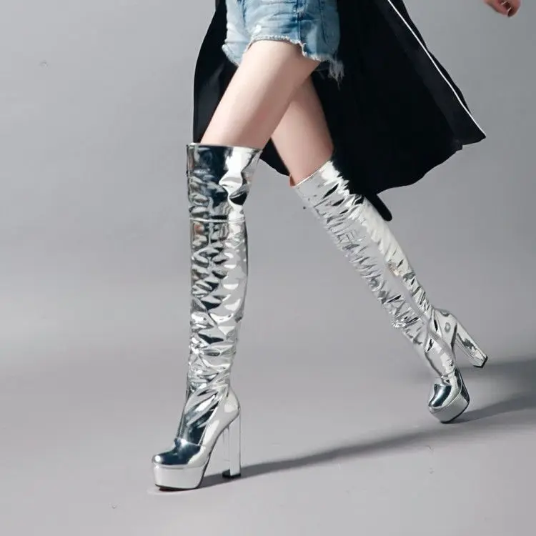 New fashion women silver color shoes platform high chunky heels over the knee boots