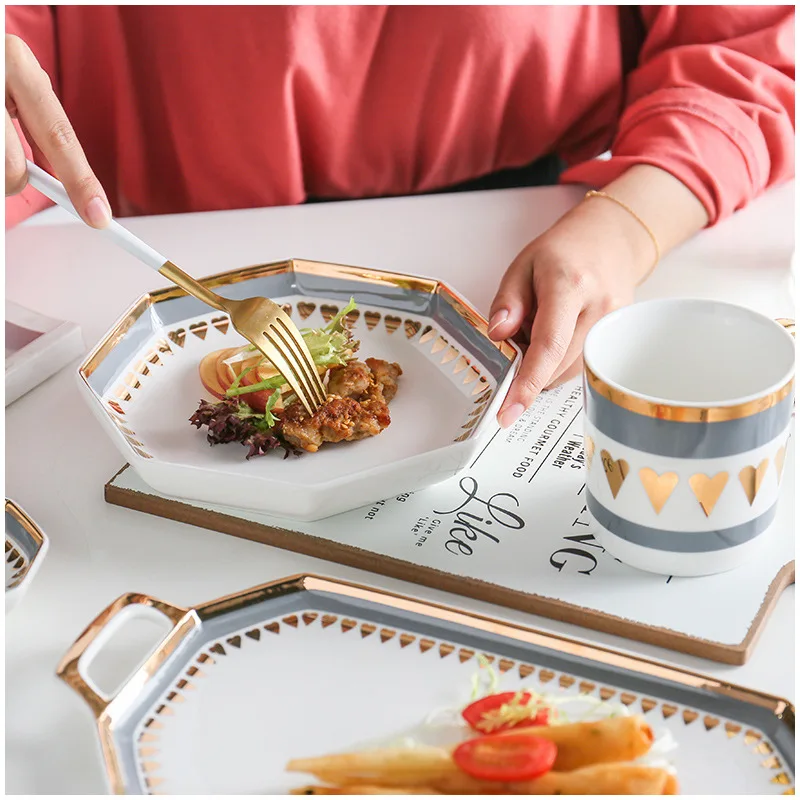 Luxury Modern Design Simple White And Golden Ceramic Dinner Plate Set Jogo De Jantar For Sale