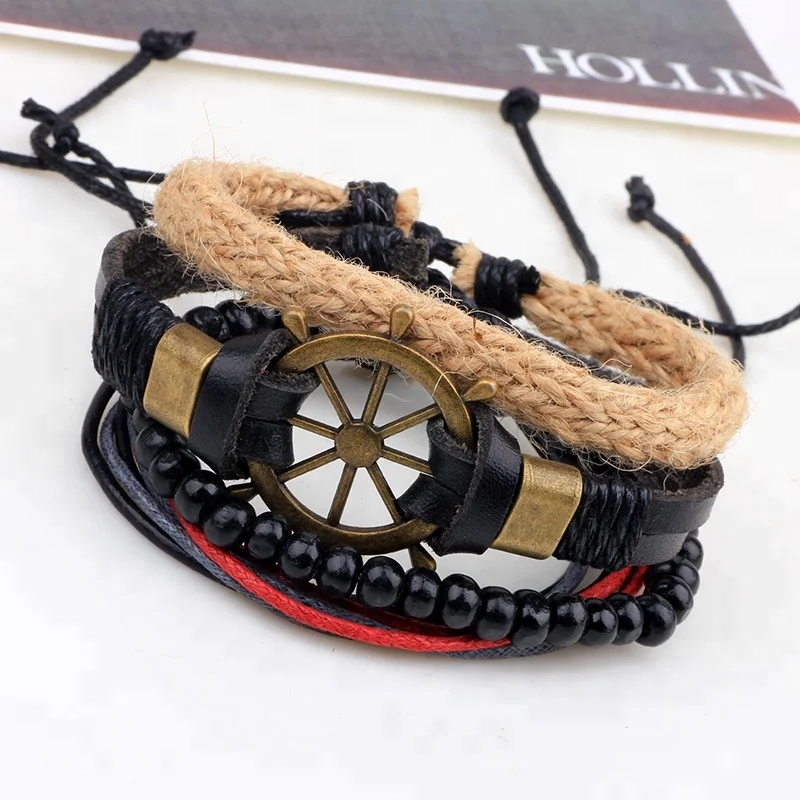 Nautical Rudder Charm Bracelet Leather Rope With Handmade Multiple Combination Leather Bracelet Set