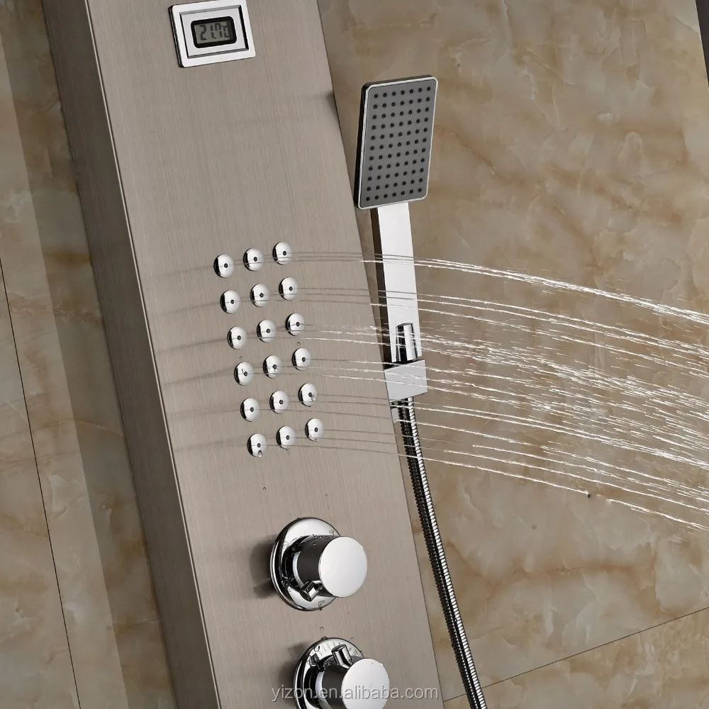 
Wholesale and Retail Brushed Nickel Thermostatic Shower Panel Waterfall Rainfall with Massagers Jets 