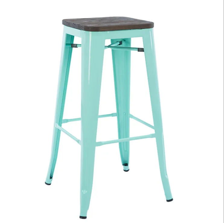 Fresh Colors Home Decor Design Wooden Seat Metal Industrial Stackable Bar Stool