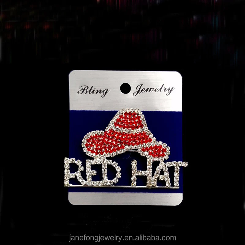 Red Hat Crystal Rhinestone Brooch Pins Crystal Beads Letters Women Brooch
