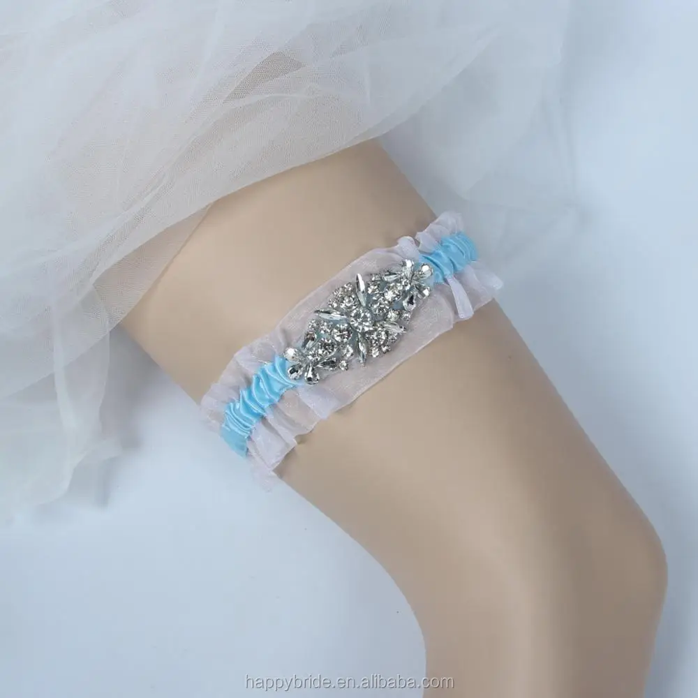 
Factory Blue Ribbon Crystal Beaded Applique Wedding Bridal Leg Garter Belt Set WG1003 