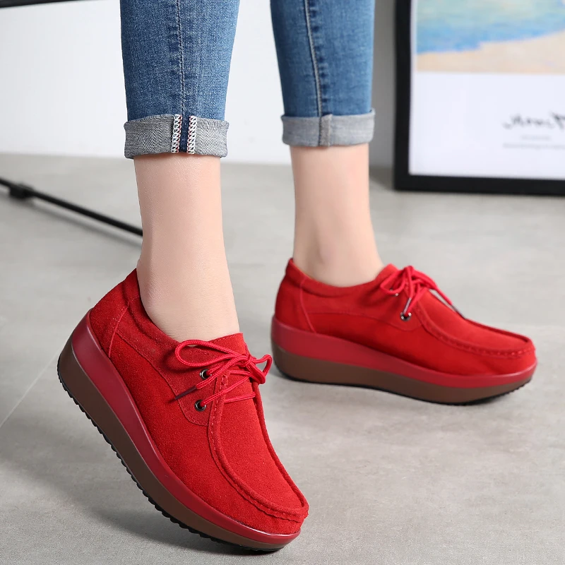 new design lace no tie shoes woman suede leather loafer ladies platform shoes