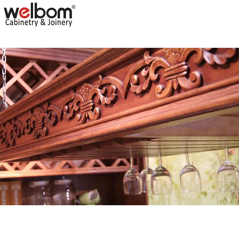 European New Carving Red Solid Wood Kitchen Cabinet