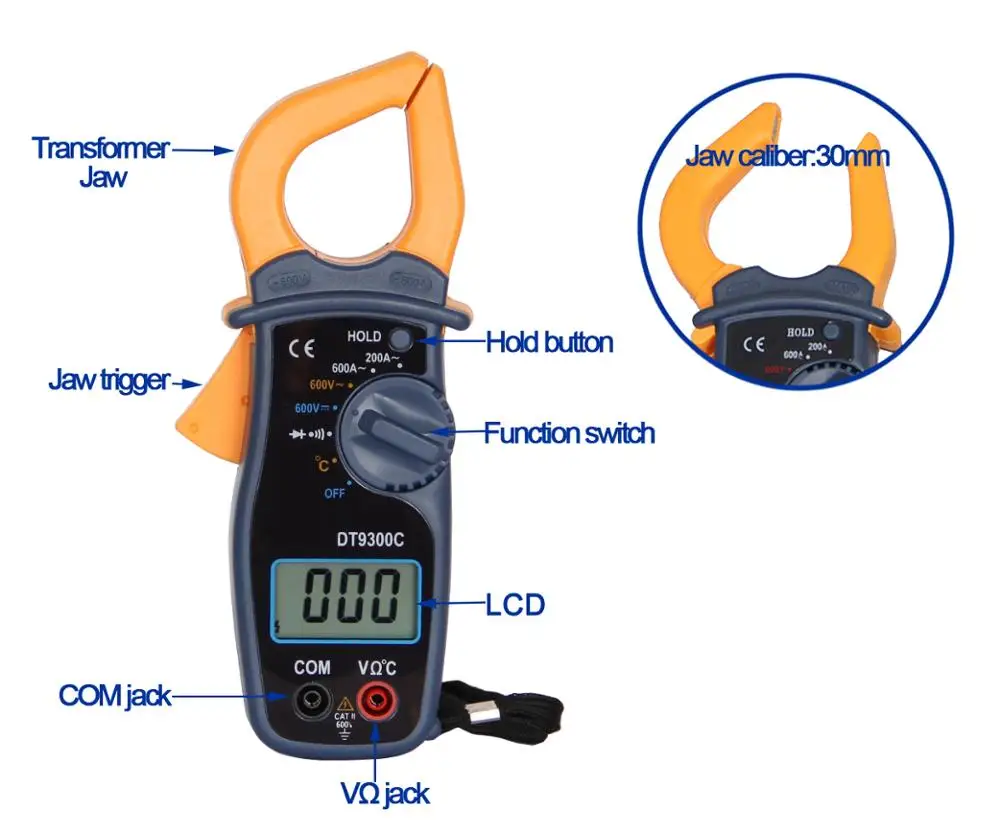 Digital Clamp Meter with Temperature Continuity Buzzer Data Hold DT9300C