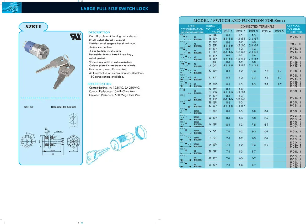 
19mm large full size electrical SP or DP key switch lock 