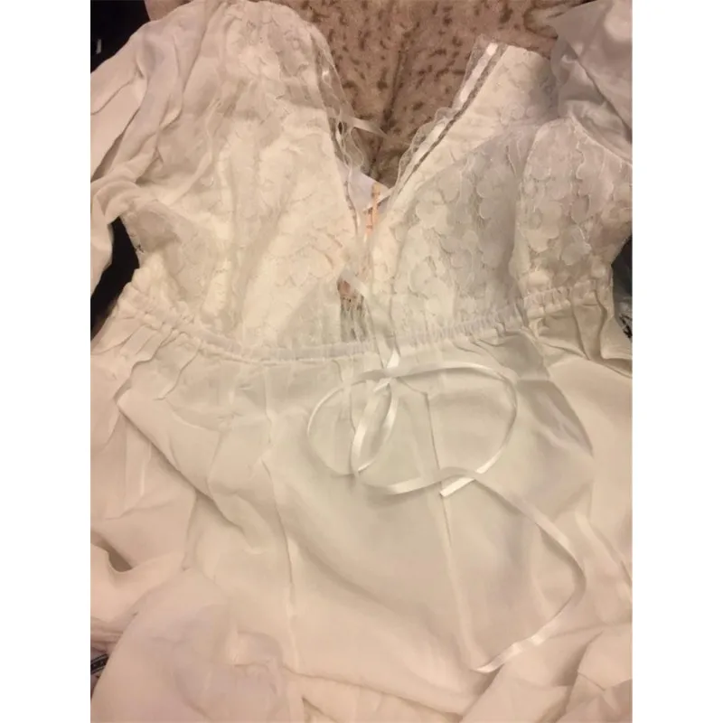 Quiki Autumn Vintage Nightgowns V-neck Ladies Dresses Princess White Sexy Sleepwear Solid Lace Comfortable Nightdress
