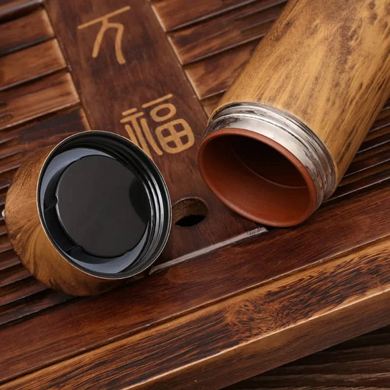 Business Traditional Wood Grain Purple Sand Liner Stainless Steel Thermos Vacuum Flask Thermos Cup Water Bottle