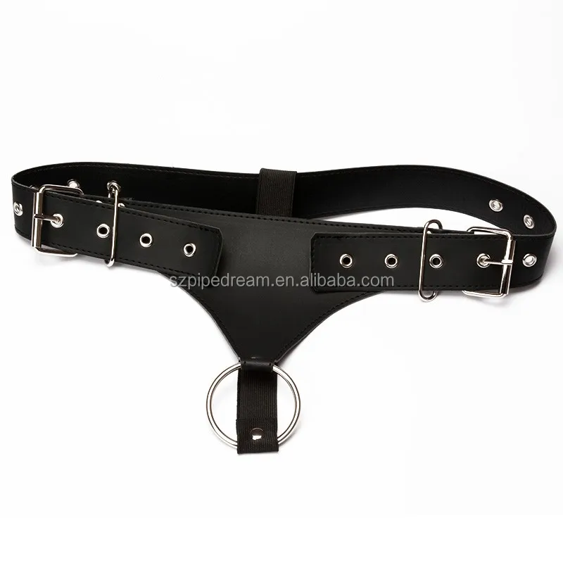 Male Leather Chastity Pants Underwear with Metal Penis Cock Ring Fetish Leather Harnesses Belt BDSM Sex Bondage