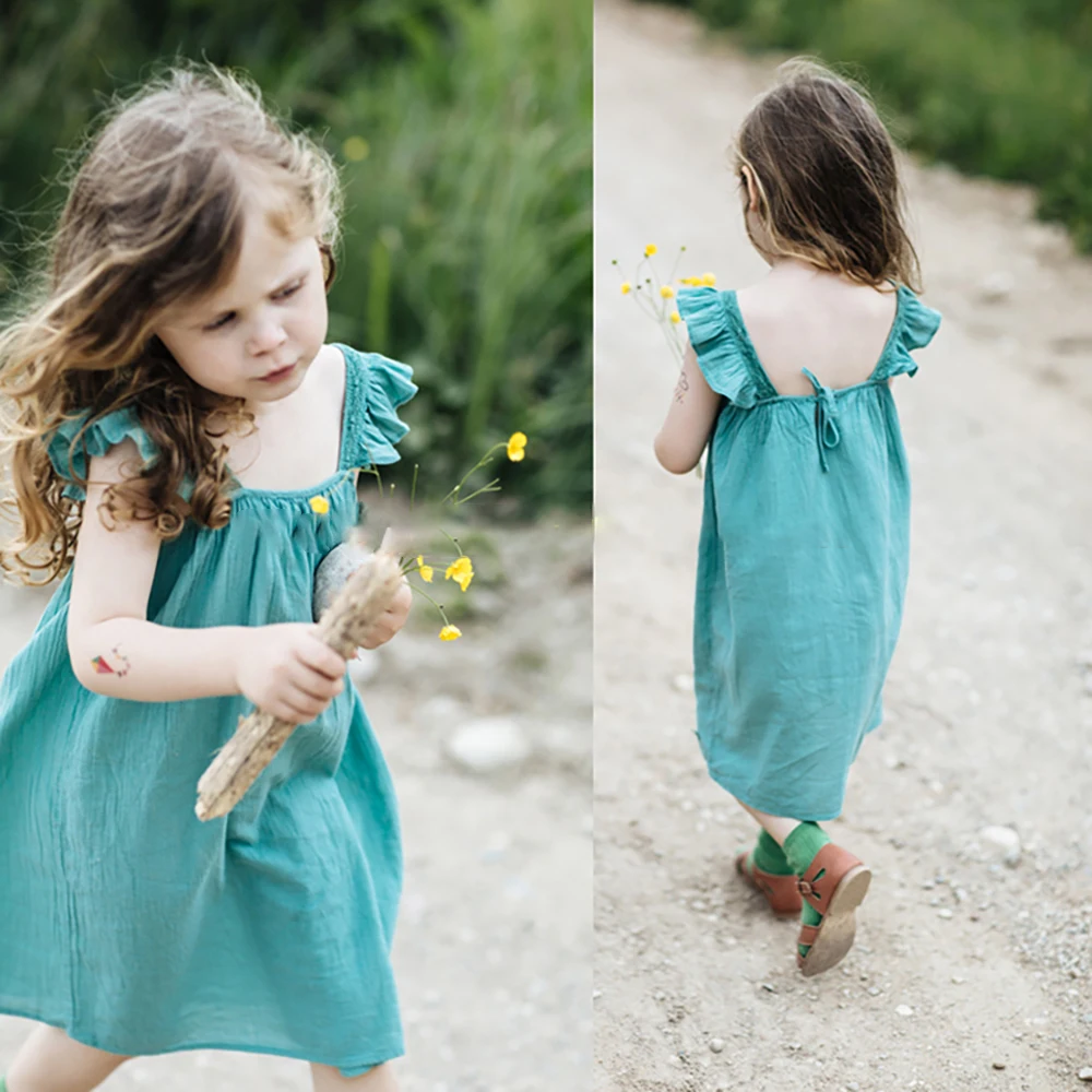 
INS popular wholesale children clothing teenage girl dresses in 100% linen fabric made in china 