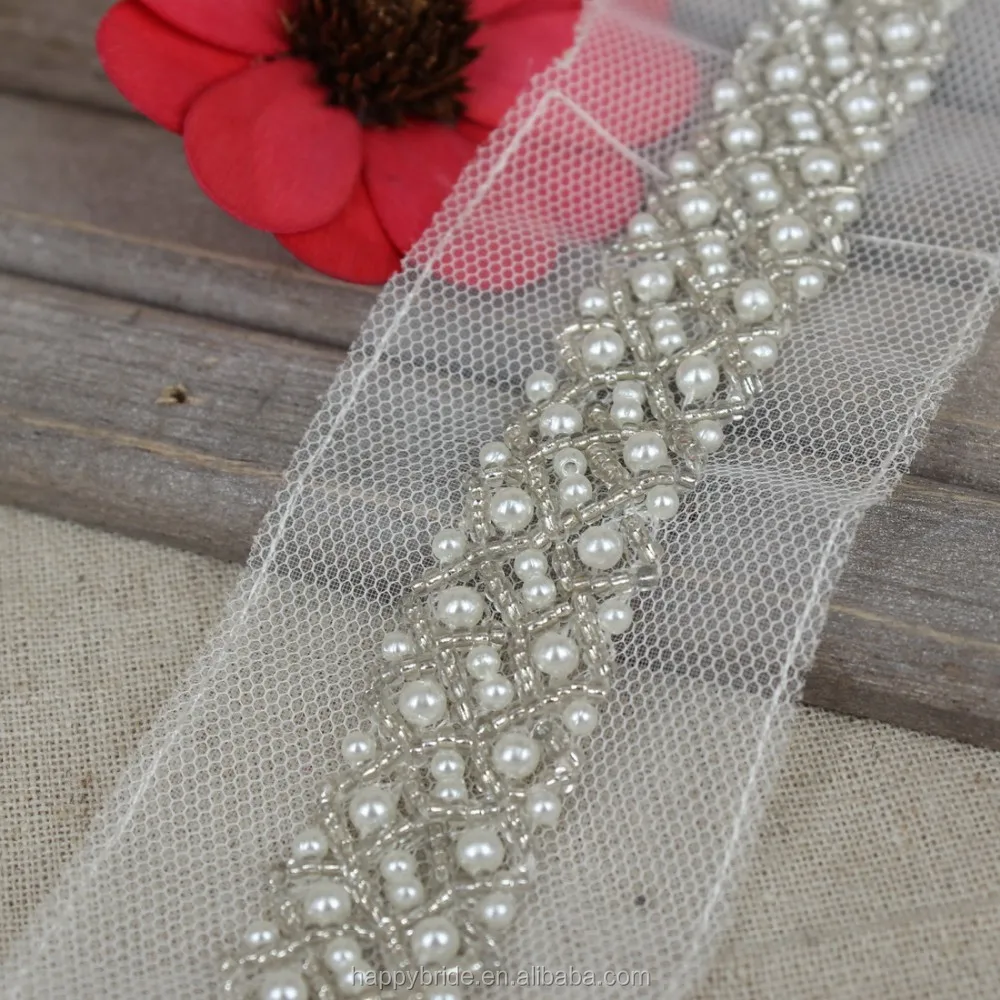 Vintage Ivory Lace Imitation Pearl Beaded Trim Handmade With seed bead for Wedding dress LO10002